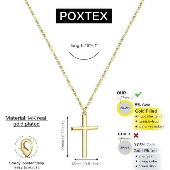 Women 04 Simple Cross Gold 14K Gold Silver Cross Necklace - Non Tarnish Jewelry - Picture 4 of 8
